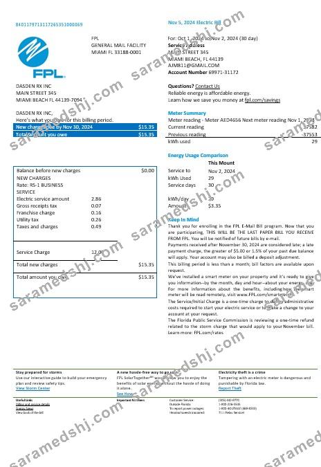 USA Florida FPL electricity business utility bill Word and PDF formats, version 2